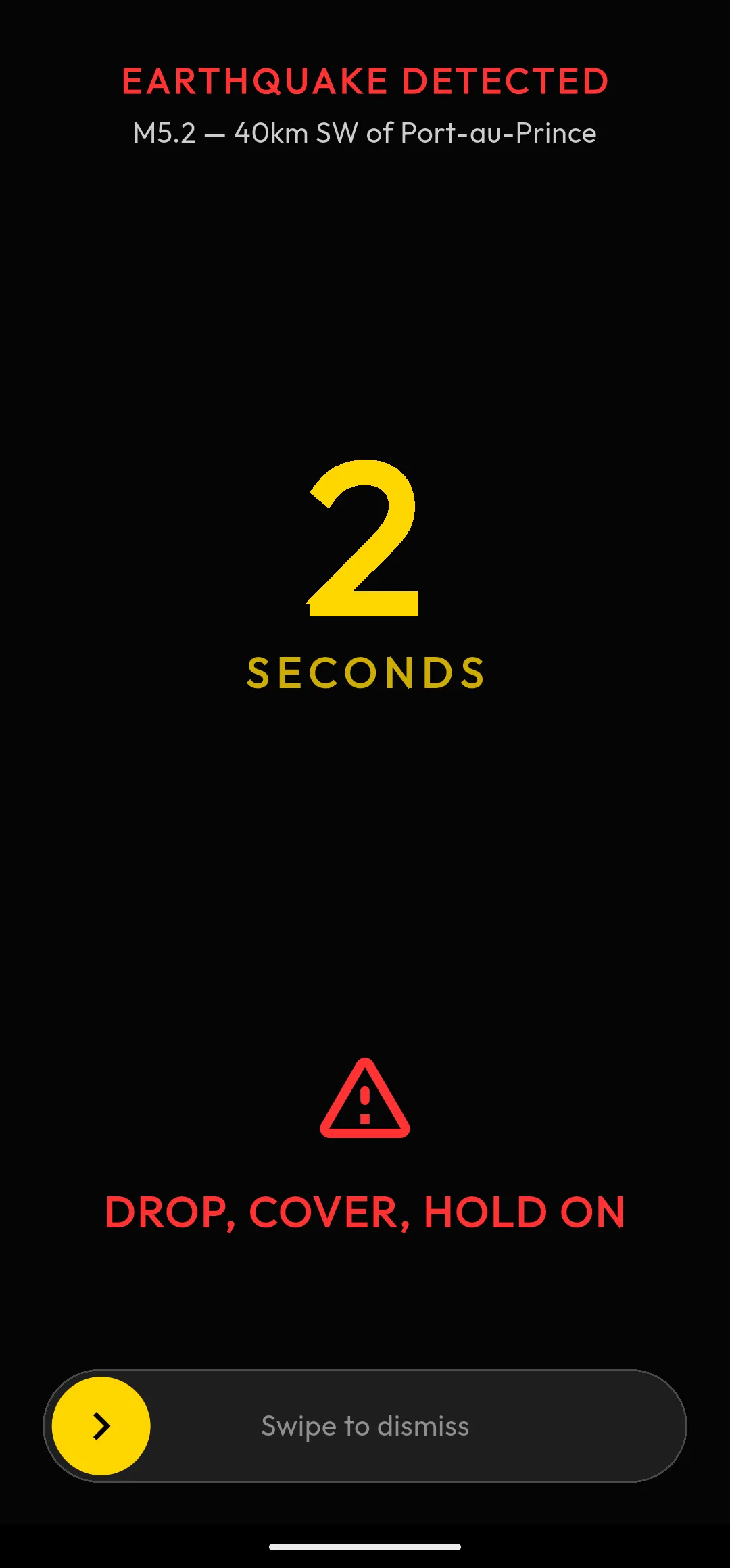 Full-screen earthquake alarm with countdown and safety instructions
